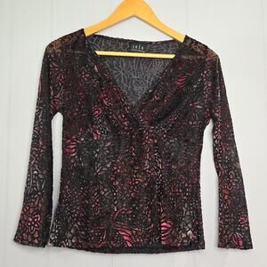 JKLA California Burgundy Black Burnout Velvet‎ Sheer Mesh Top V-Neck Medium USA